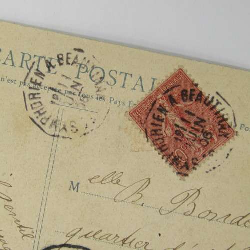 French postcard to Egypt with a French stamp and two Symphorien a Beautiran cancellations