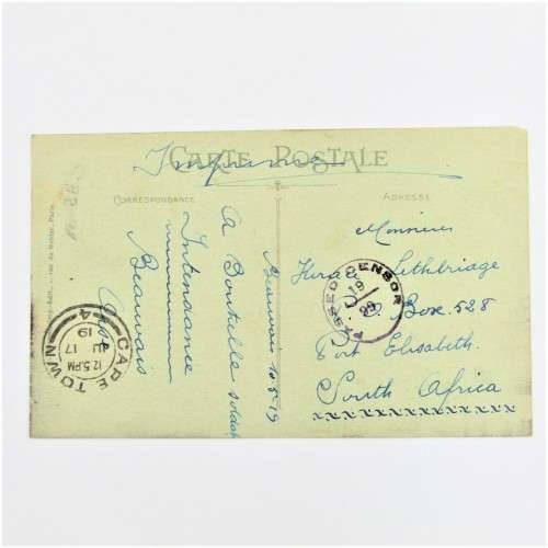 War orphans issue censored postcard from Paris to Cape Town
