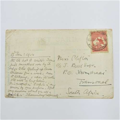 Australian 1d on postcard 1914, ship room, Western Australia, Perth cancellation to South Africa