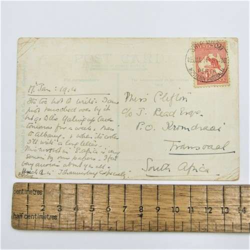 Australian 1d on postcard 1914, ship room, Western Australia, Perth cancellation to South Africa