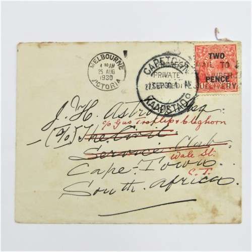 Australian 1 12d overstamped 2 pence from Melbourne, Victoria 1930 to South Africa redirected