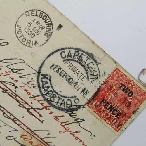 Australian 1 12d overstamped 2 pence from Melbourne, Victoria 1930 to South Africa redirected