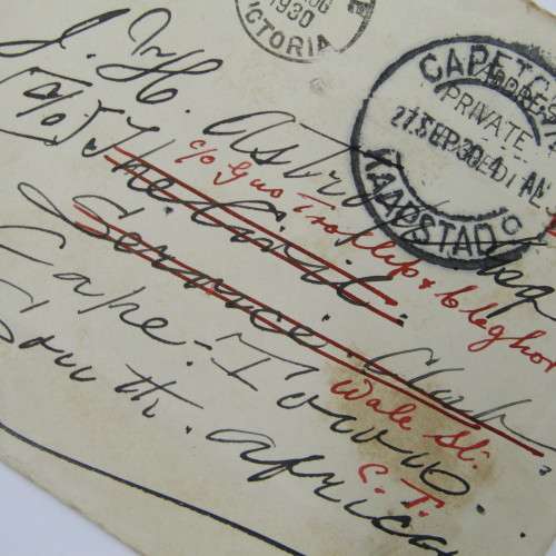 Australian 1 12d overstamped 2 pence from Melbourne, Victoria 1930 to South Africa redirected