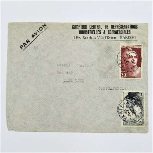 French Airmail cover to Cape Town with two Paris 23 Sep 1947 cancellations