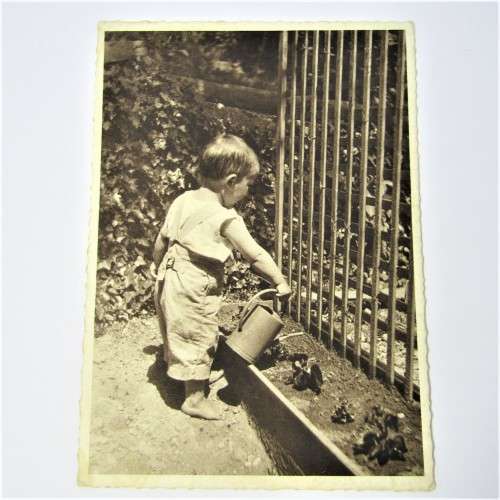 Postally used card from Switzerland young boy watering flowers post card