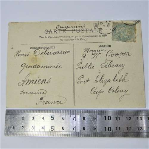 Postcard from Amiens France to Port Elizabeth South Africa with French stamp
