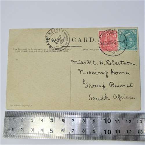 Postcard from England to Graaff Reinet with two stamps and Unclear cancellation