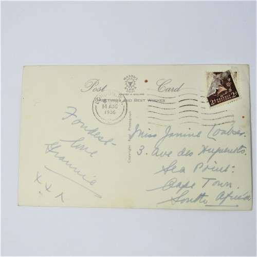 Cat and Doll Post card used from London England to Cape Town South Africa 14 August 1936