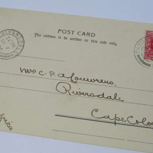 Post card from Paddington England to Riversdale South Africa with preprinted stamp