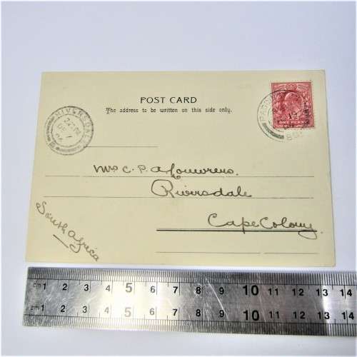 Post card from Paddington England to Riversdale South Africa with preprinted stamp