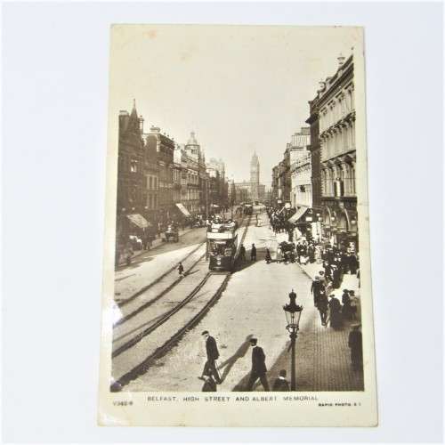 Belfast High street and Albert memorial Picture of Tramway and shops on either side postcard