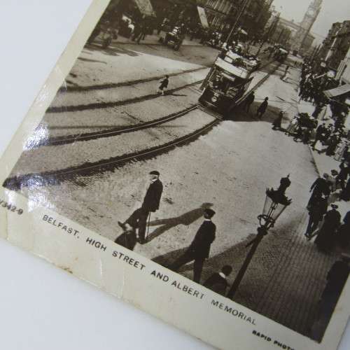 Belfast High street and Albert memorial Picture of Tramway and shops on either side postcard