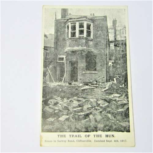The trail of the Hun Postcard . House in Surrey Road Cliftonville, Bombed Sept. 4th 1917 L.G. series