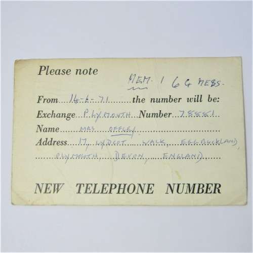 British New Telephone number Notice card sent from Plymouth 1971