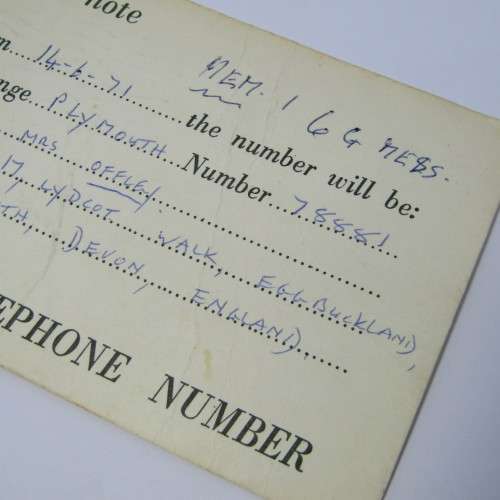British New Telephone number Notice card sent from Plymouth 1971