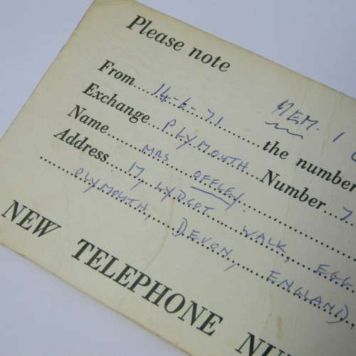 British New Telephone number Notice card sent from Plymouth 1971