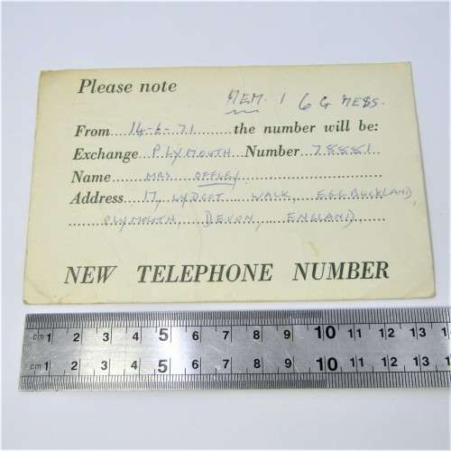 British New Telephone number Notice card sent from Plymouth 1971