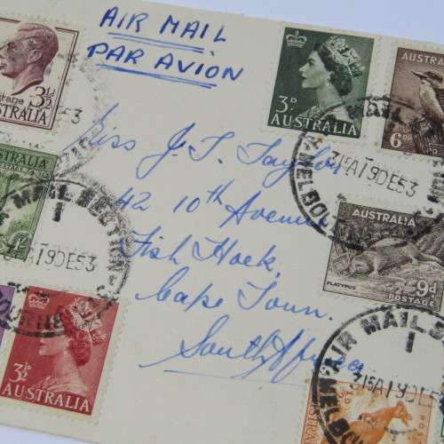 Australian Airmail to South Africa with 13 different stamps on it