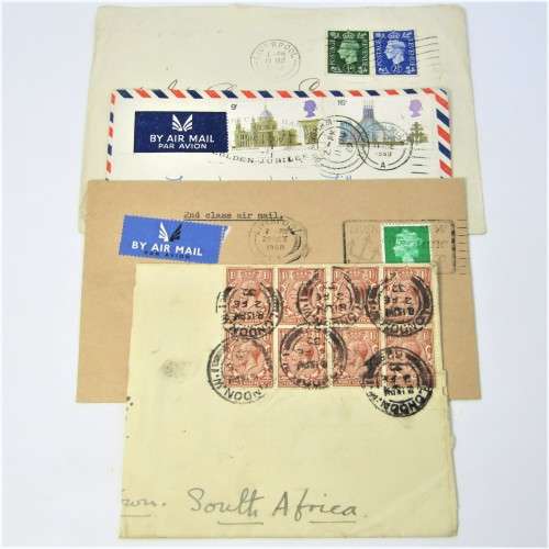 Lot of four Used postal envelopes from England to South Africa