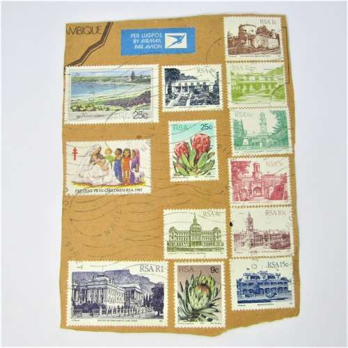 Lot of South African building stamps and others on piece with airmail