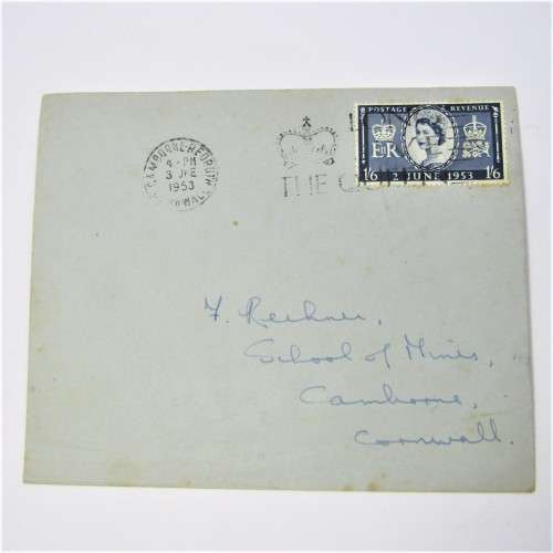 Postal cover from England to Cornwall with 1953 Coronation stamp and unclear roller cancellation