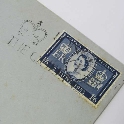 Postal cover from England to Cornwall with 1953 Coronation stamp and unclear roller cancellation