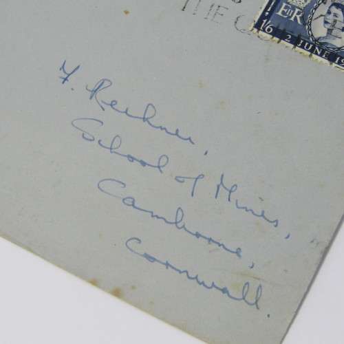 Postal cover from England to Cornwall with 1953 Coronation stamp and unclear roller cancellation