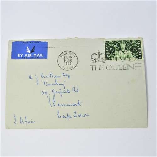 Airmail cover from Sidmouth Devon to Cape Town South Africa 9 June 1953