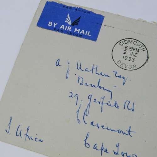 Airmail cover from Sidmouth Devon to Cape Town South Africa 9 June 1953