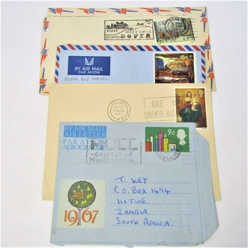 Lot of four Used postal envelopes from England to South Africa