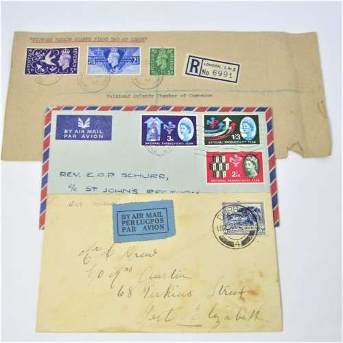 3 Used postal envelopes from England to South Africa