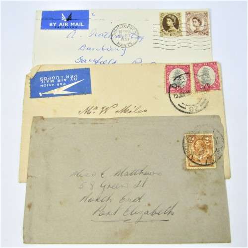 3 Used postal envelopes from England to South Africa