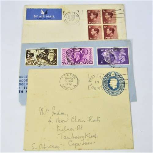 3 Used postal envelopes from England to South Africa