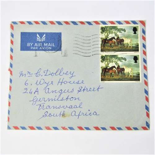 Lot of four Used postal envelopes from England to South Africa