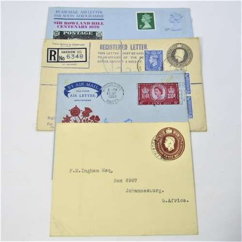 Lot of four Used postal envelopes from England to South Africa
