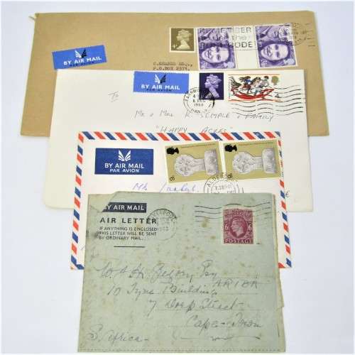 Lot of four Used postal envelopes from England to South Africa