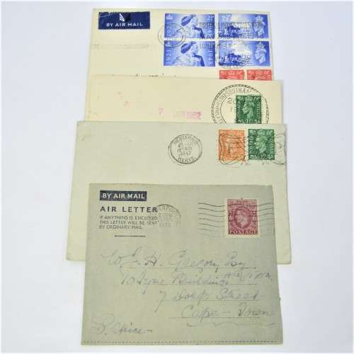 Lot of four Used postal envelopes from England to South Africa