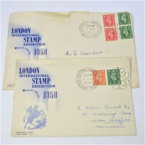 2 London International first day covers stamp Exhibition 1950 Postally used