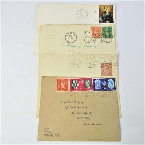 Lot of four Used postal envelopes from England to South Africa