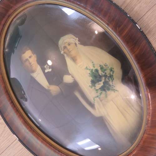 Antique Oval frame wedding photo with convex glass - Some minor frame damage