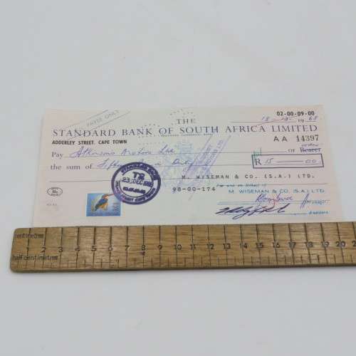 Lot of 20 Standard Bank 1968 cheques - All uprated with 1/2 cent stamp