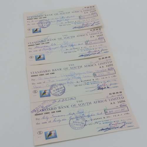 Lot of 20 Standard Bank 1968 cheques - All uprated with 1/2 cent stamp