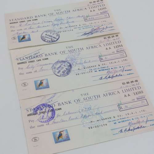 Lot of 20 Standard Bank 1968 cheques - All uprated with 1/2 cent stamp