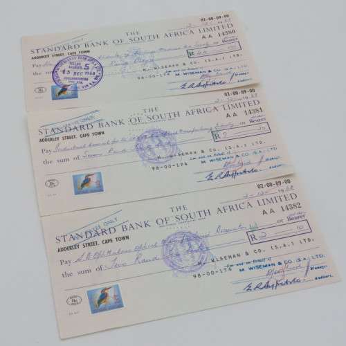 Lot of 20 Standard Bank 1968 cheques - All uprated with 1/2 cent stamp