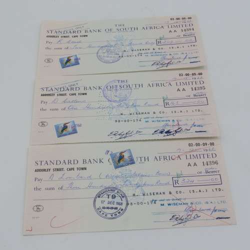 Lot of 20 Standard Bank 1968 cheques - All uprated with 1/2 cent stamp