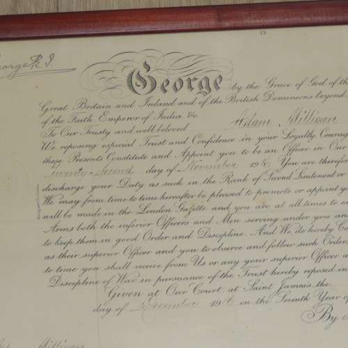 WW1 Appointment of Adam Milligan as an officer of the British Land Forces