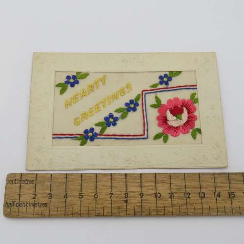 Antique embroidered Hearty Greetings postcard published by Lildene