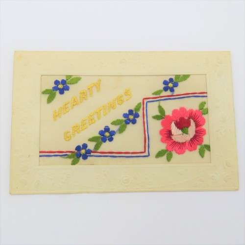 Antique embroidered Hearty Greetings postcard published by Lildene