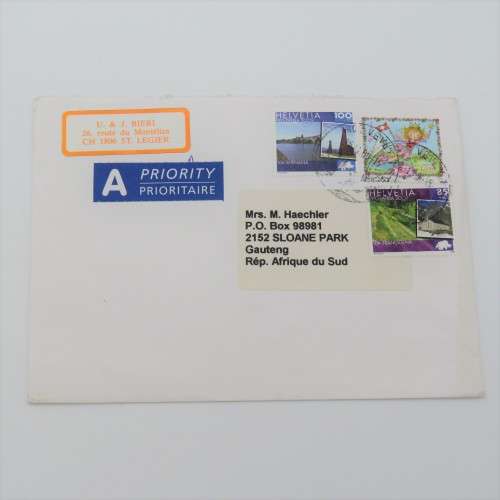 Postal item priority mail from Switzerland to South Africa 25 November 2009 with 3 Swiss stamps