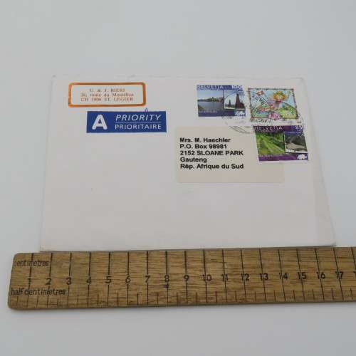 Postal item priority mail from Switzerland to South Africa 25 November 2009 with 3 Swiss stamps